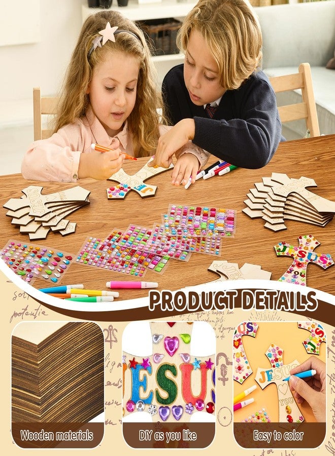 PLUVAVA 36 Pieces Wood Cross Crafts for Kids DIY Wooden Cross for Christian Jesus Sunday School Vacation Bible School Crafts Supplies with 14 Pieces Stickers and 24 Pieces Watercolor Pens (Exquisite Style) - Image 3